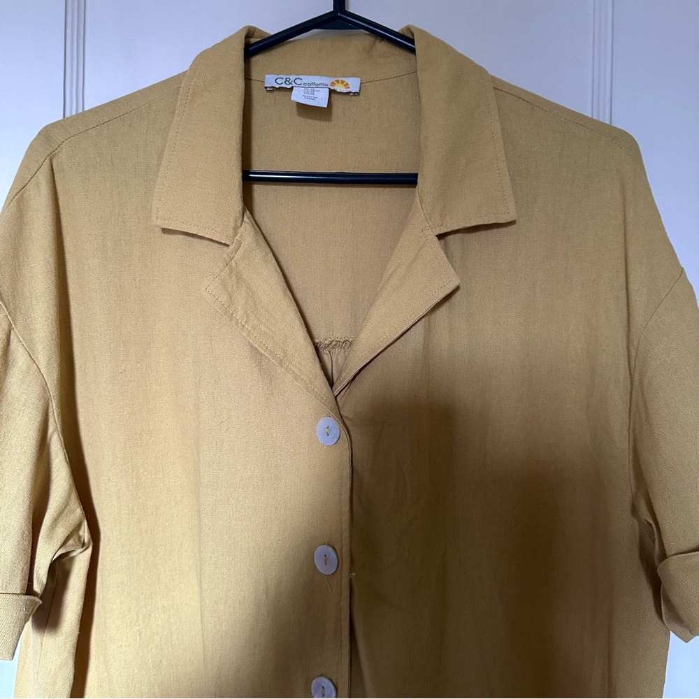 Yellow Linen Blend Short Sleeve Shirt With Pockets, Lagenlook, Beach Cover-up - Picture 7 of 11